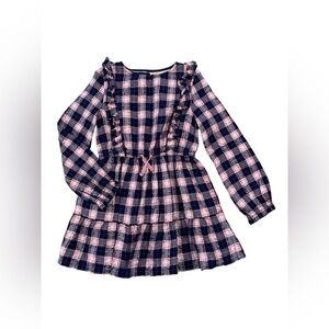 Mini Boden Size 9-10 Years Pink and Navy Metallic Ruffle Plaid Dress
